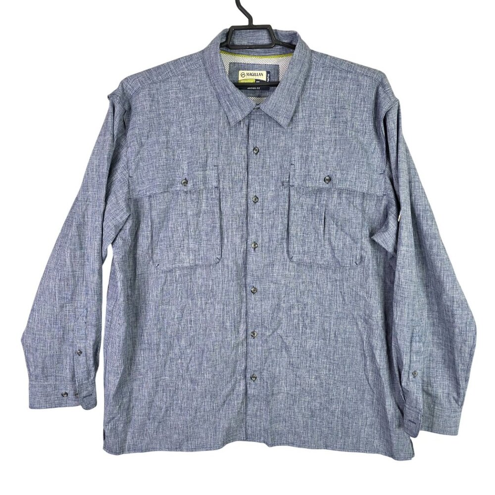 Mens Magellan Adventure Gear Heather Blue Shirt Angler Fit Button Up Size 2XL